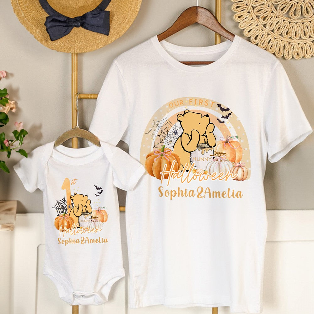 Custom Name Our First Halloween Parent-Child Clothing Matching Shirts, Bear Pumpkin Cotton Mommy T-Shirt & Baby Onesie Set, Gift for Baby/New Mom