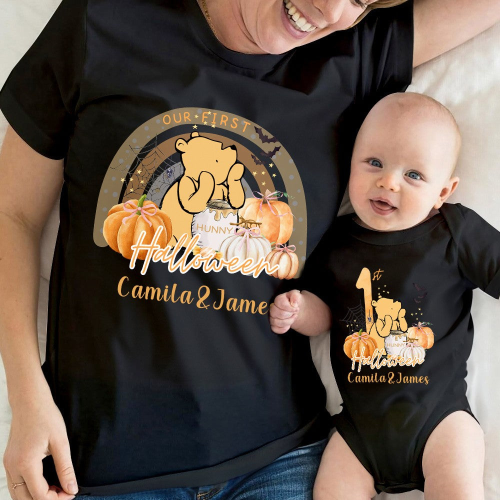 Custom Name Our First Halloween Parent-Child Clothing Matching Shirts, Bear Pumpkin Cotton Mommy T-Shirt & Baby Onesie Set, Gift for Baby/New Mom