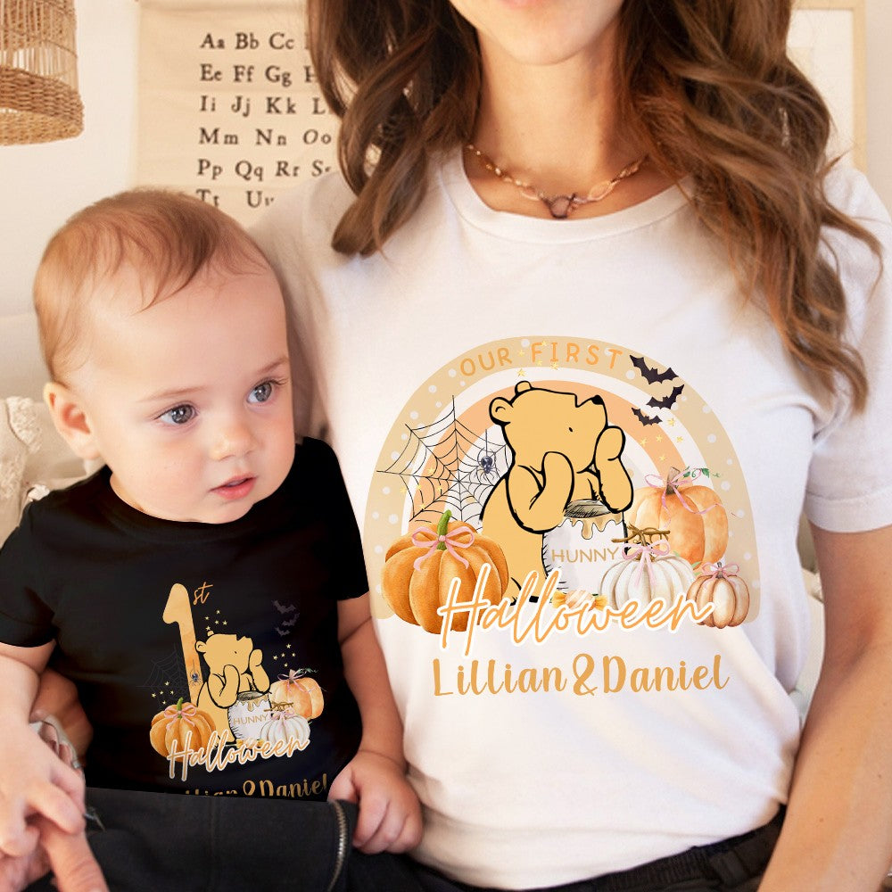 Custom Name Our First Halloween Parent-Child Clothing Matching Shirts, Bear Pumpkin Cotton Mommy T-Shirt & Baby Onesie Set, Gift for Baby/New Mom