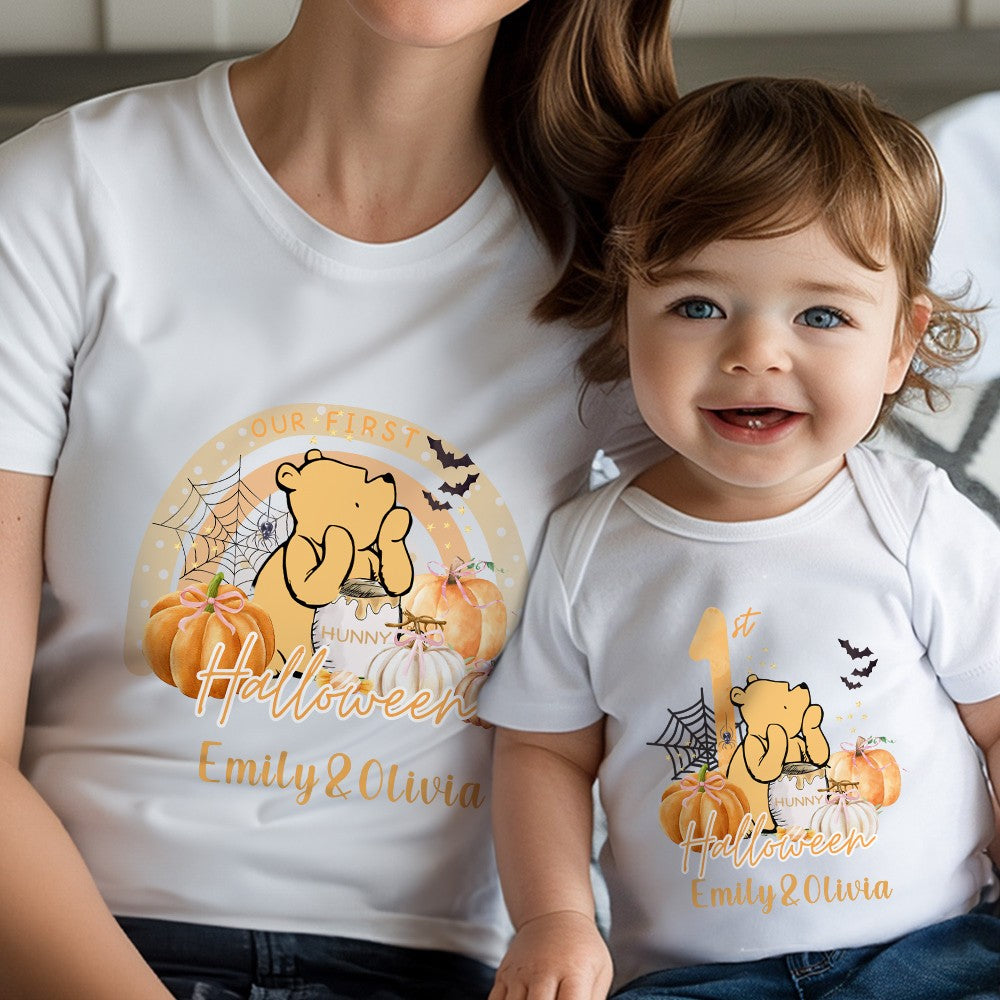 Custom Name Our First Halloween Parent-Child Clothing Matching Shirts, Bear Pumpkin Cotton Mommy T-Shirt & Baby Onesie Set, Gift for Baby/New Mom