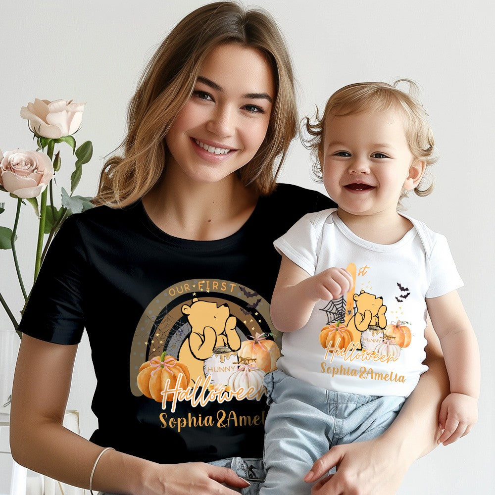 Custom Name Our First Halloween Parent-Child Clothing Matching Shirts, Bear Pumpkin Cotton Mommy T-Shirt & Baby Onesie Set, Gift for Baby/New Mom