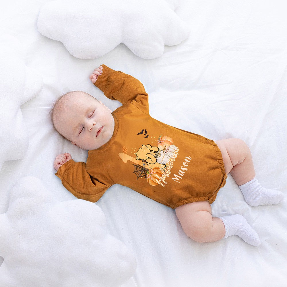 Custom Name 1st Halloween Babysuit, 100% Cotton Bear Pumpkin Unisex Long Sleeve Baby Onesie, Halloween Outfit, Halloween Gift for Newborns/Infants