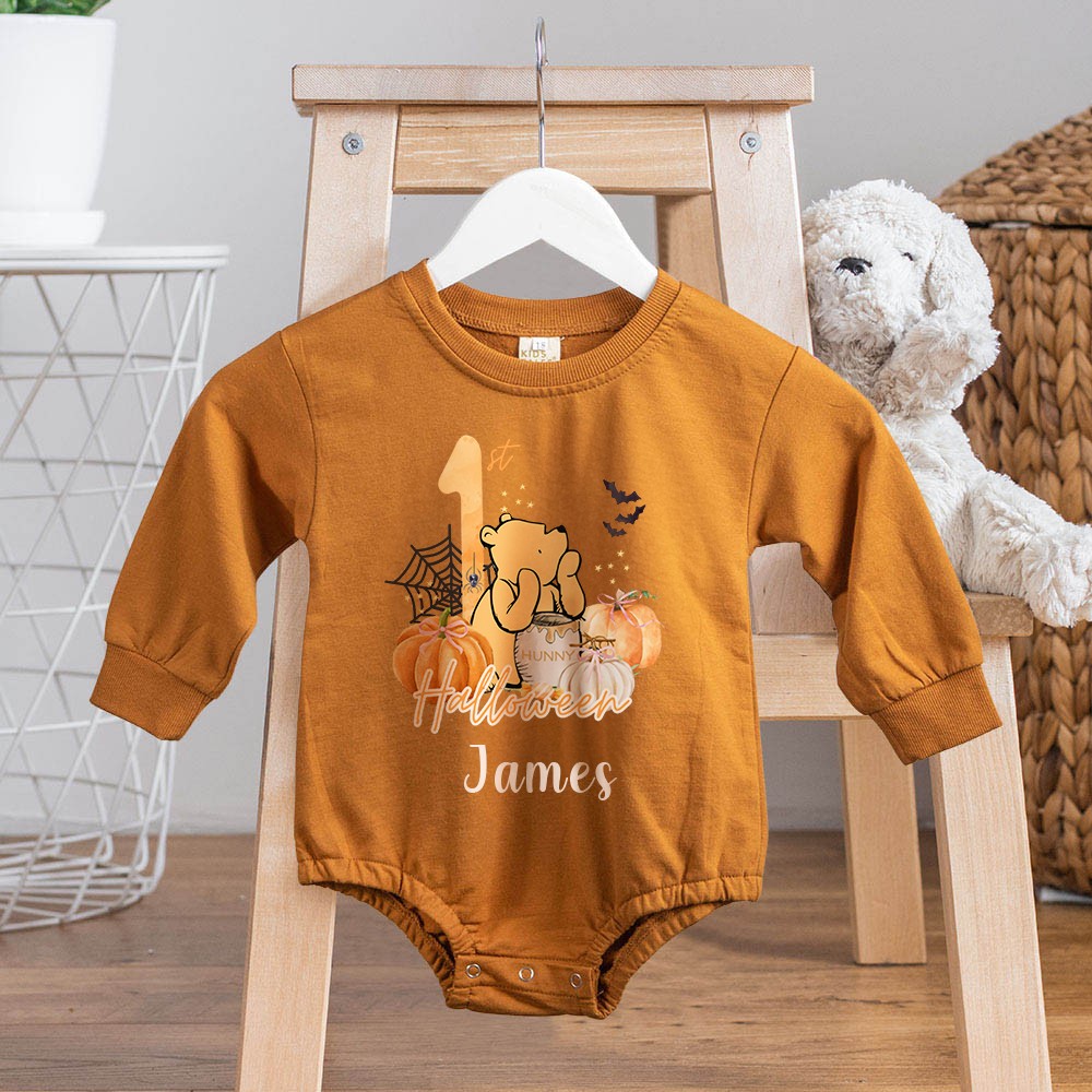 Custom Name 1st Halloween Babysuit, 100% Cotton Bear Pumpkin Unisex Long Sleeve Baby Onesie, Halloween Outfit, Halloween Gift for Newborns/Infants