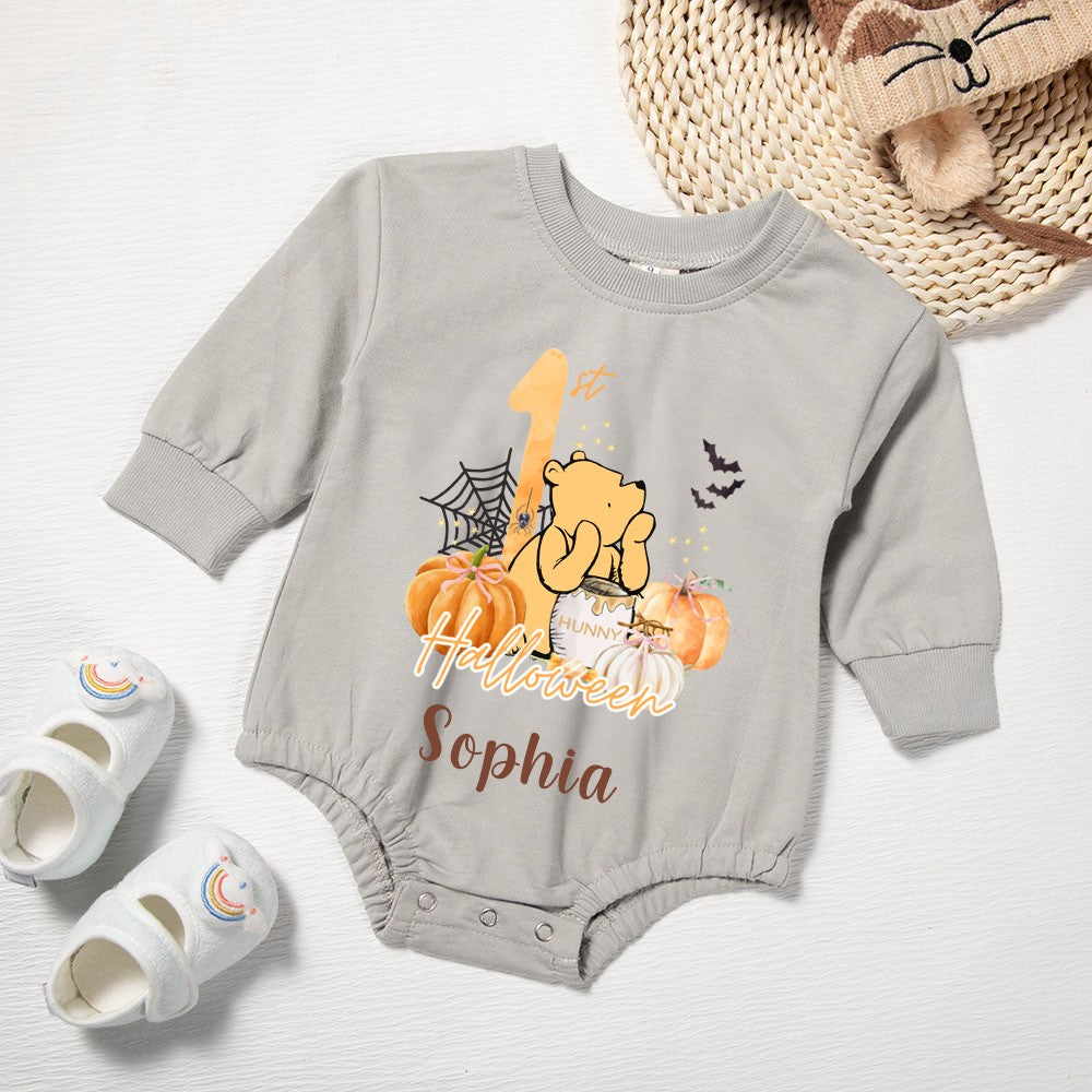 Custom Name 1st Halloween Babysuit, 100% Cotton Bear Pumpkin Unisex Long Sleeve Baby Onesie, Halloween Outfit, Halloween Gift for Newborns/Infants