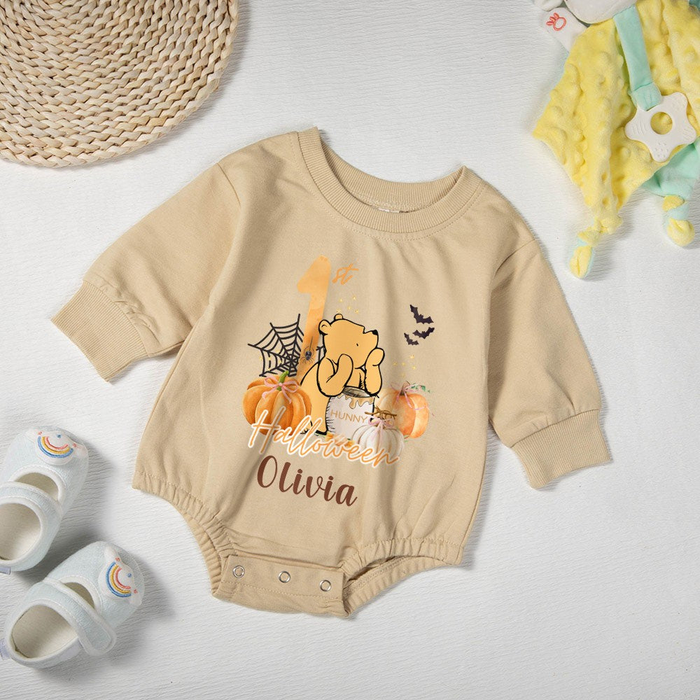 Custom Name 1st Halloween Babysuit, 100% Cotton Bear Pumpkin Unisex Long Sleeve Baby Onesie, Halloween Outfit, Halloween Gift for Newborns/Infants