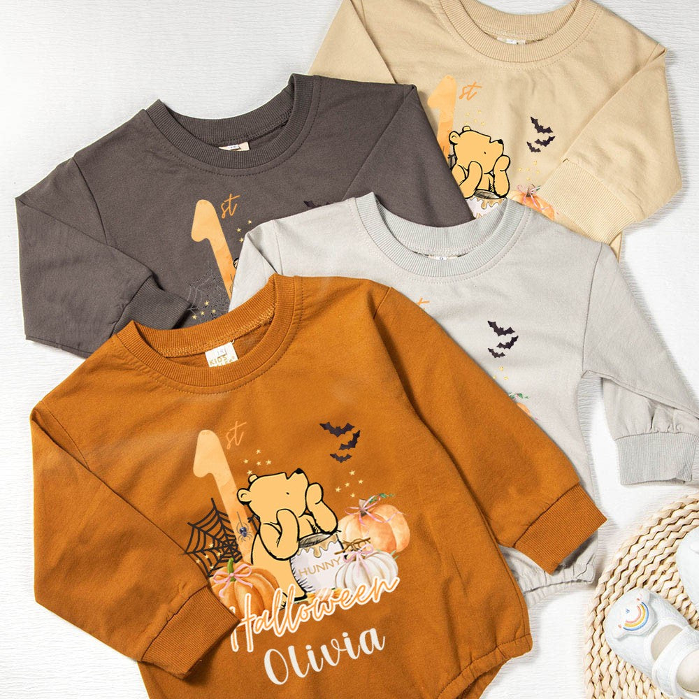 Custom Name 1st Halloween Babysuit, 100% Cotton Bear Pumpkin Unisex Long Sleeve Baby Onesie, Halloween Outfit, Halloween Gift for Newborns/Infants