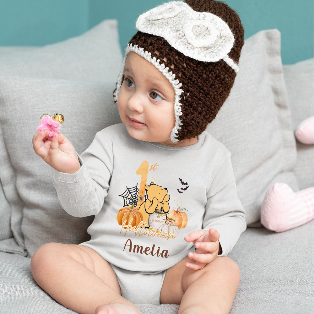 Custom Name 1st Halloween Babysuit, 100% Cotton Bear Pumpkin Unisex Long Sleeve Baby Onesie, Halloween Outfit, Halloween Gift for Newborns/Infants