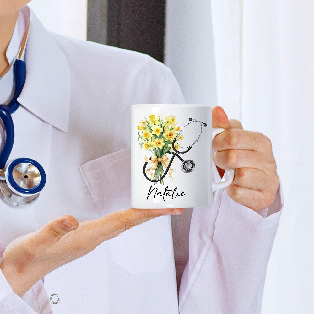 Custom Name & Birth Flower Bow Stethoscope Design Mug, 11oz Ceramic Nurse Coffee Cup, Appreciation/Graduation Gift for Nurse/Doctor/Medical Students