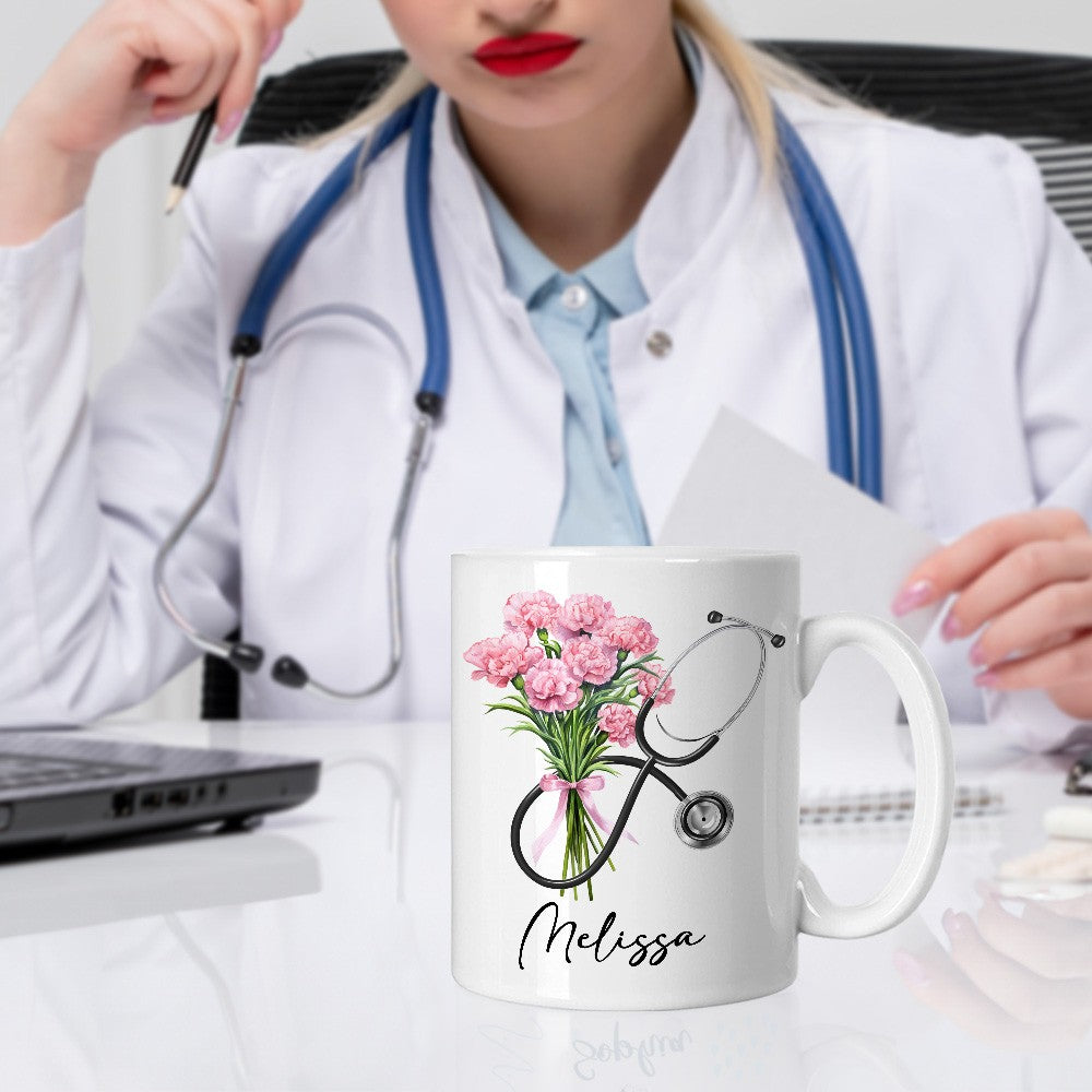 Custom Name & Birth Flower Bow Stethoscope Design Mug, 11oz Ceramic Nurse Coffee Cup, Appreciation/Graduation Gift for Nurse/Doctor/Medical Students
