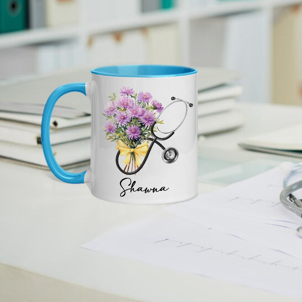 Custom Name & Birth Flower Bow Stethoscope Design Mug, 11oz Ceramic Nurse Coffee Cup, Appreciation/Graduation Gift for Nurse/Doctor/Medical Students