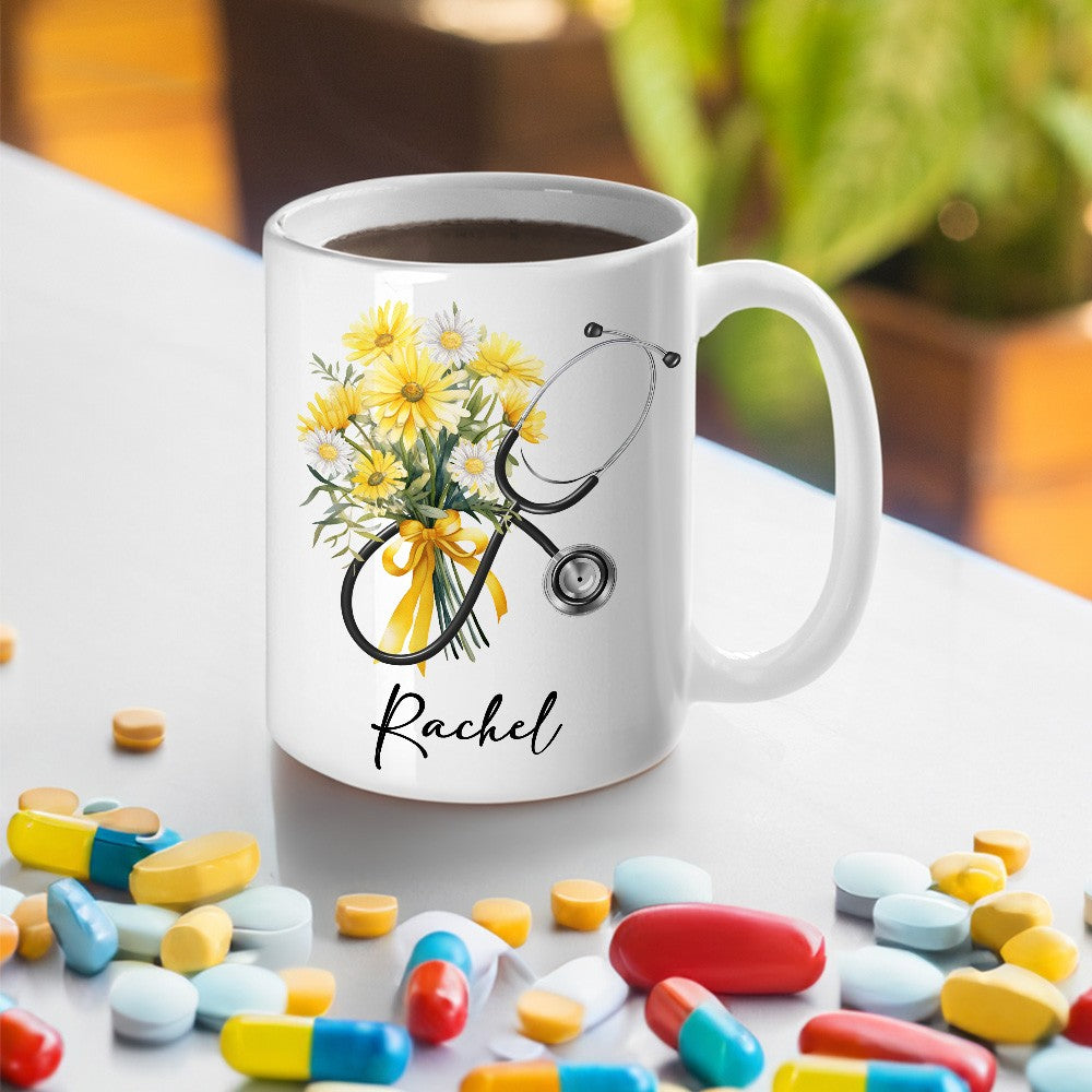 Custom Name & Birth Flower Bow Stethoscope Design Mug, 11oz Ceramic Nurse Coffee Cup, Appreciation/Graduation Gift for Nurse/Doctor/Medical Students