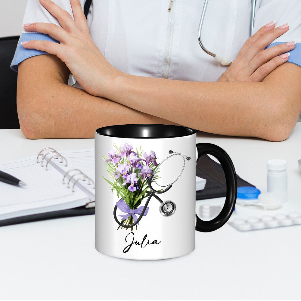 Custom Name & Birth Flower Bow Stethoscope Design Mug, 11oz Ceramic Nurse Coffee Cup, Appreciation/Graduation Gift for Nurse/Doctor/Medical Students