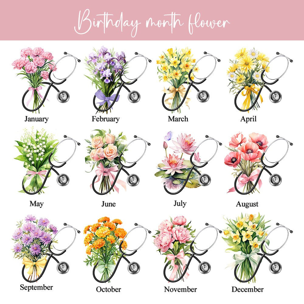 Custom Name & Birth Flower Bow Stethoscope Design Mug, 11oz Ceramic Nurse Coffee Cup, Appreciation/Graduation Gift for Nurse/Doctor/Medical Students
