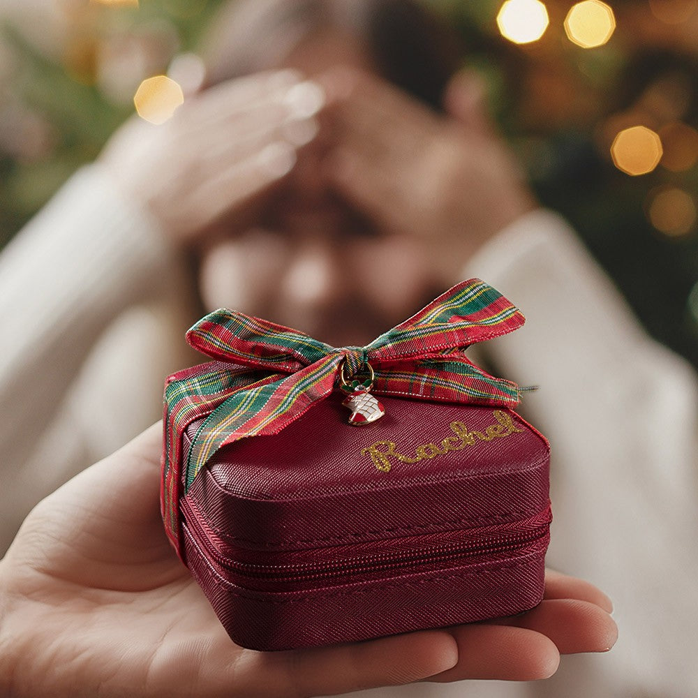Personalized Christmas Travel Jewelry Case with Christmas Charm & Bow, Custom Glitter Gold Name Leather Jewelry Box, Christmas Gift for Girl/Woman/Her