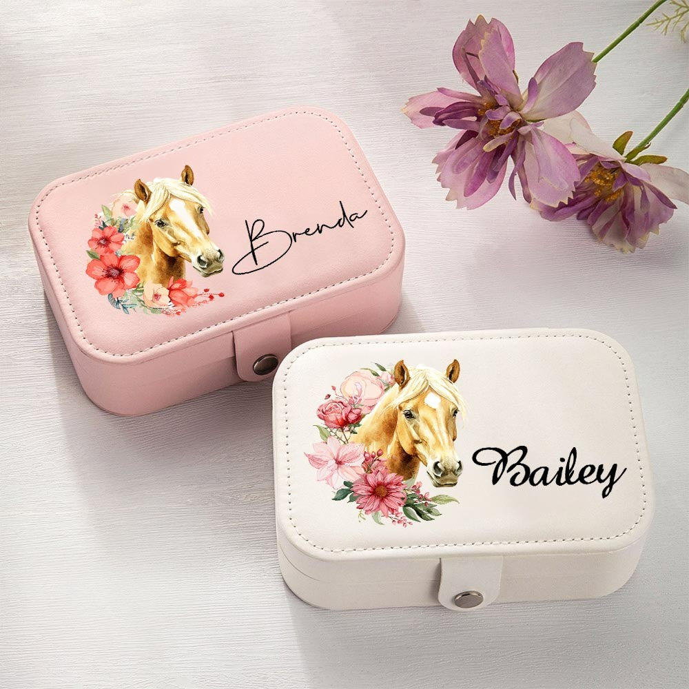 Personalized Horse and Birth Flower Jewelry Case, Portable Leather Jewelry Box with Multiple Compartments, Christmas/Birthday Gift for Horse Lover/Her