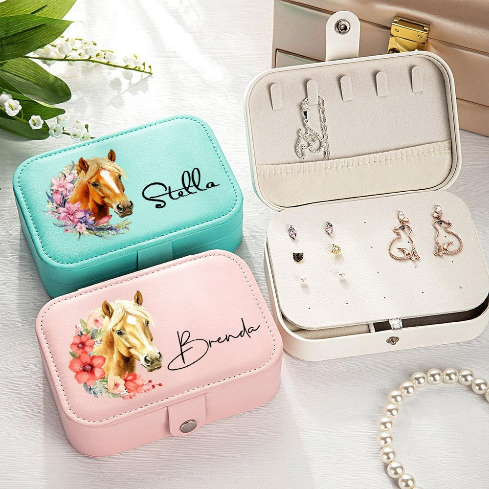 Personalized Horse and Birth Flower Jewelry Case, Portable Leather Jewelry Box with Multiple Compartments, Christmas/Birthday Gift for Horse Lover/Her