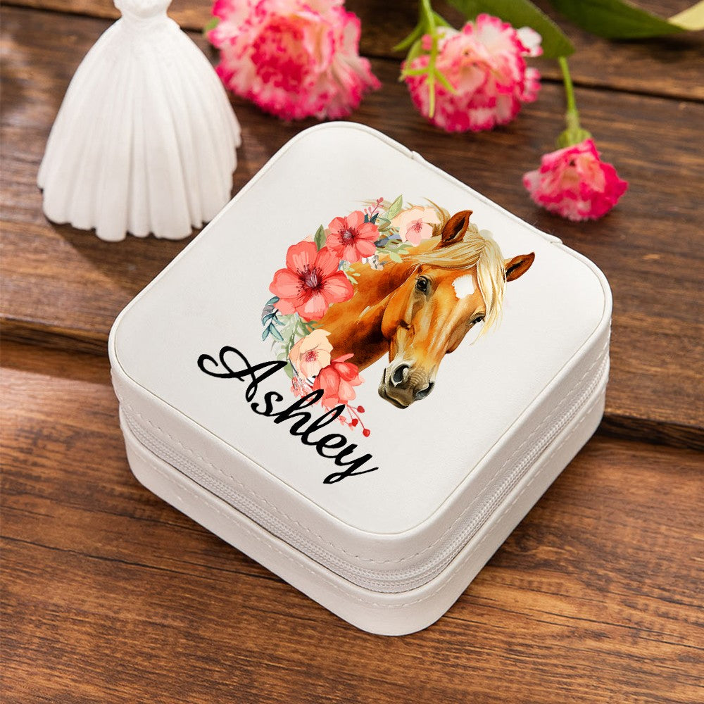 Personalized Horse and Birth Flower Jewelry Case, Portable Leather Jewelry Box with Multiple Compartments, Christmas/Birthday Gift for Horse Lover/Her