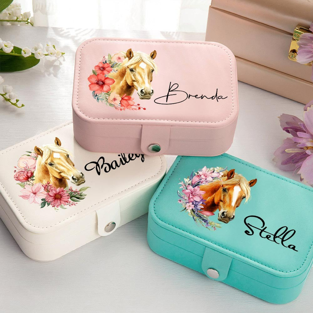 Personalized Horse and Birth Flower Jewelry Case, Portable Leather Jewelry Box with Multiple Compartments, Christmas/Birthday Gift for Horse Lover/Her