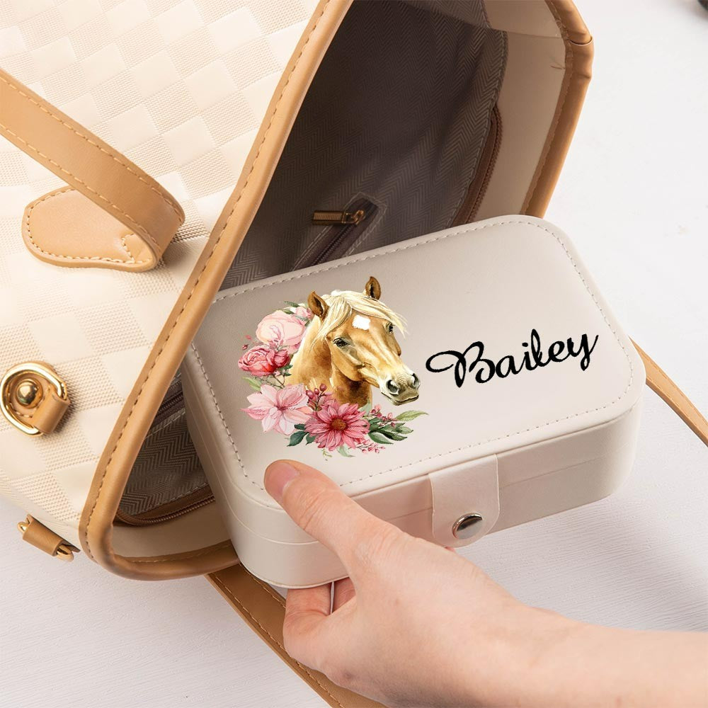 Personalized Horse and Birth Flower Jewelry Case, Portable Leather Jewelry Box with Multiple Compartments, Christmas/Birthday Gift for Horse Lover/Her