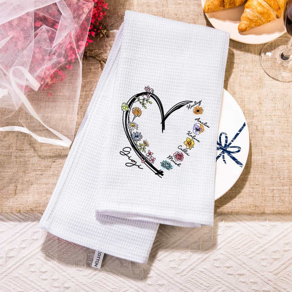 Custom Name & Birth Flower Waffle Weave Towel with Heart, 100% Cotton Tea Towel, Kitchen Accessory, Mother's Day/Birthday Gift for Mom/Grandma/Family