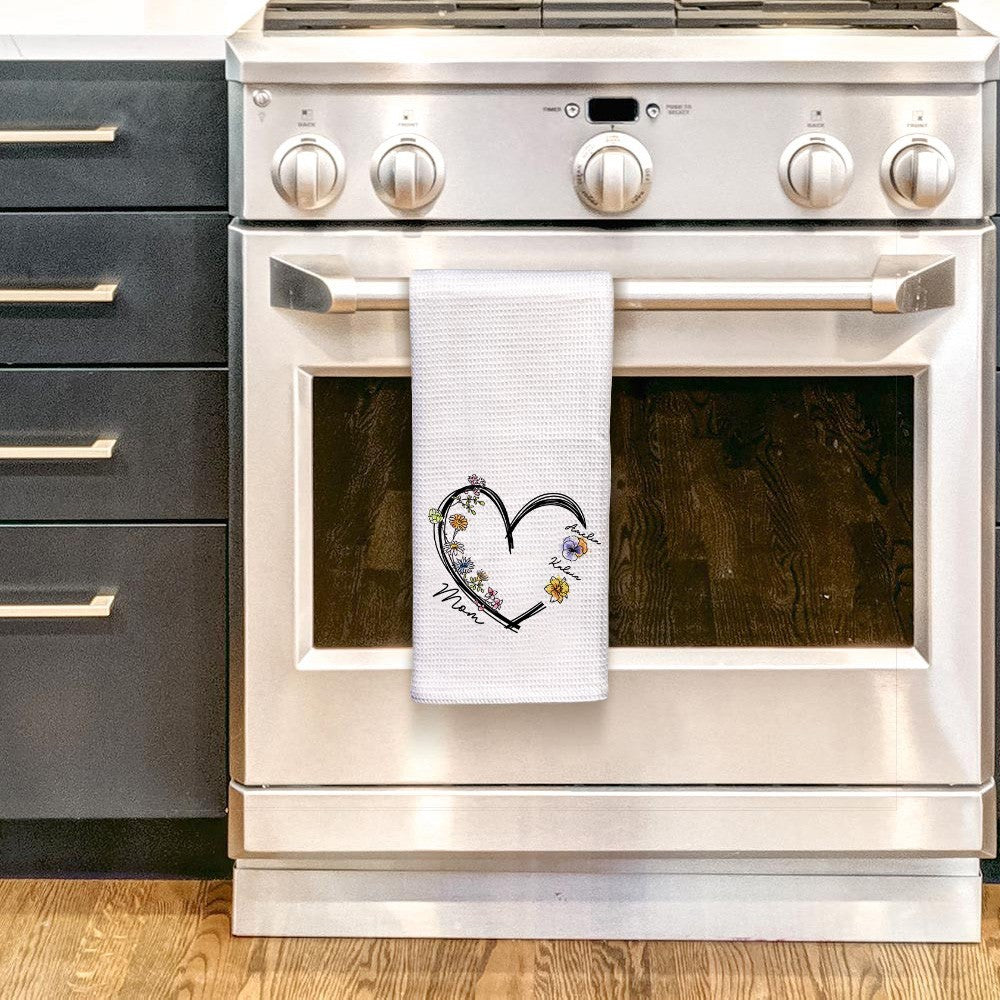 Custom Name & Birth Flower Waffle Weave Towel with Heart, 100% Cotton Tea Towel, Kitchen Accessory, Mother's Day/Birthday Gift for Mom/Grandma/Family