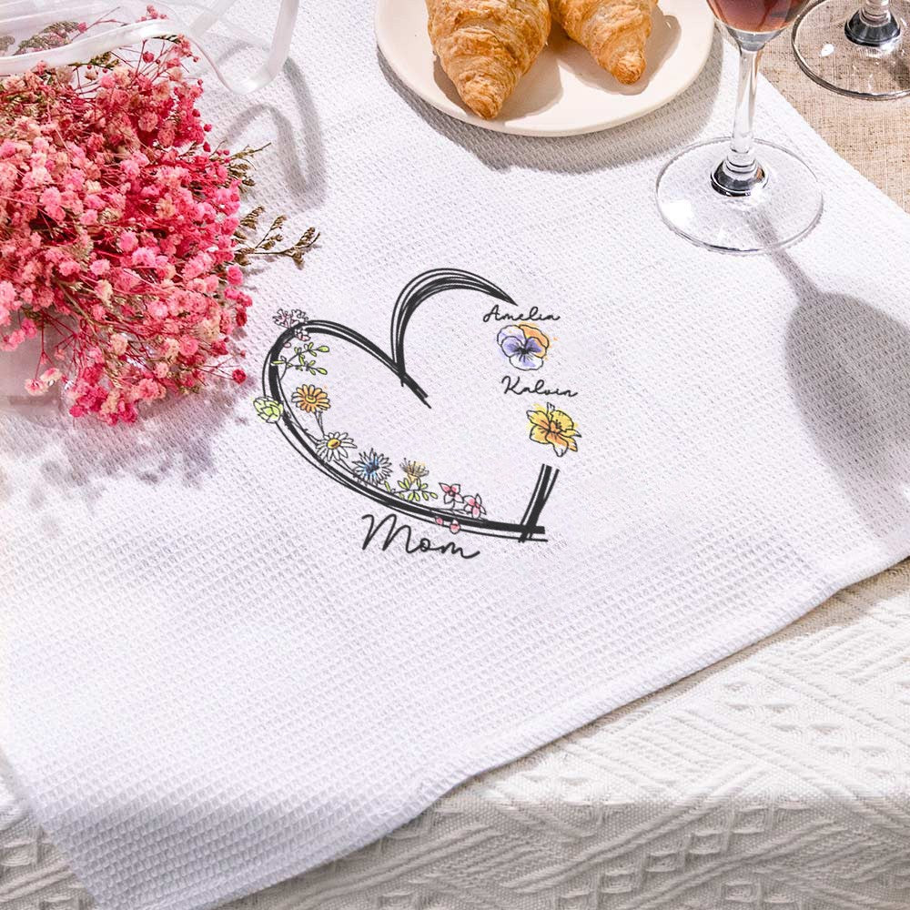 Custom Name & Birth Flower Waffle Weave Towel with Heart, 100% Cotton Tea Towel, Kitchen Accessory, Mother's Day/Birthday Gift for Mom/Grandma/Family