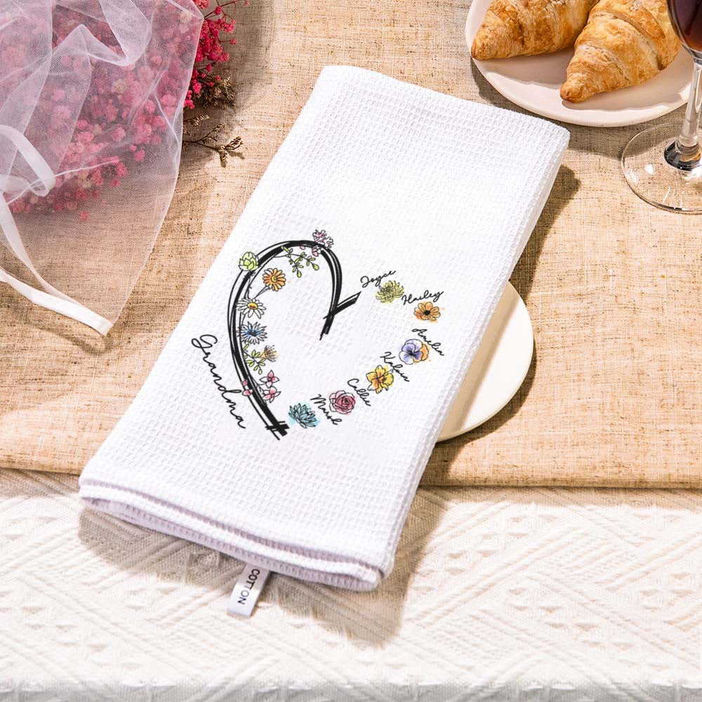 Custom Name & Birth Flower Waffle Weave Towel with Heart, 100% Cotton Tea Towel, Kitchen Accessory, Mother's Day/Birthday Gift for Mom/Grandma/Family