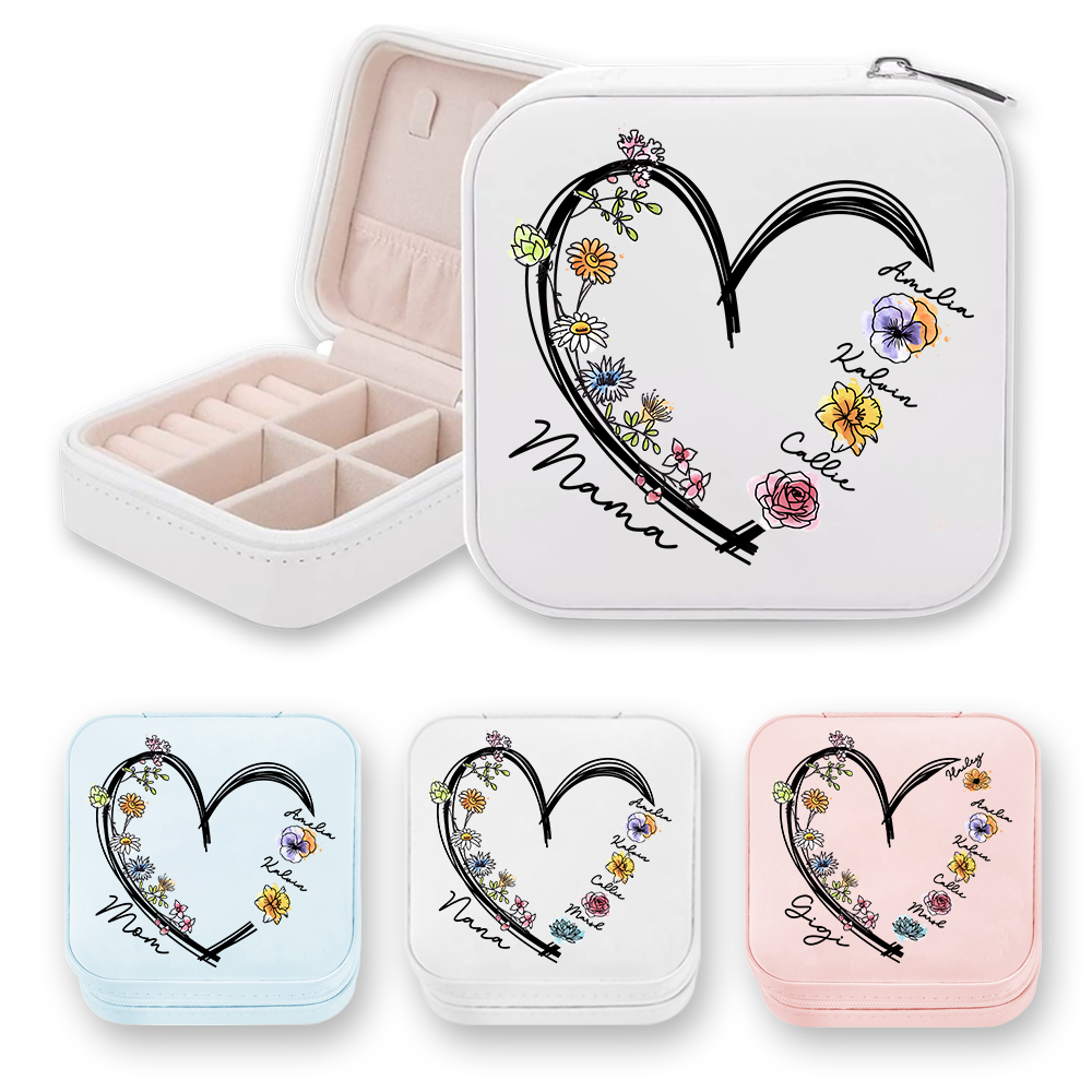 Personalized 1-6 Names & Birth Flowers Design Jewelry Box with Heart, PU Leather Jewelry Storage Box, Birthday/Christmas Gift for Mom/Grandmom/Wife