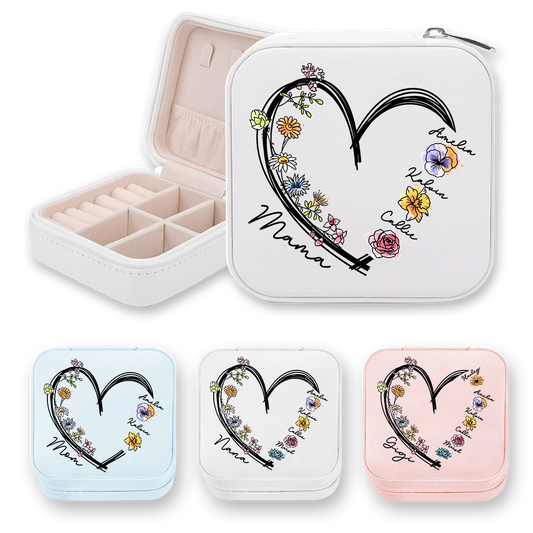 Personalized 1-6 Names & Birth Flowers Design Jewelry Box with Heart, PU Leather Jewelry Storage Box, Birthday/Christmas Gift for Mom/Grandmom/Wife