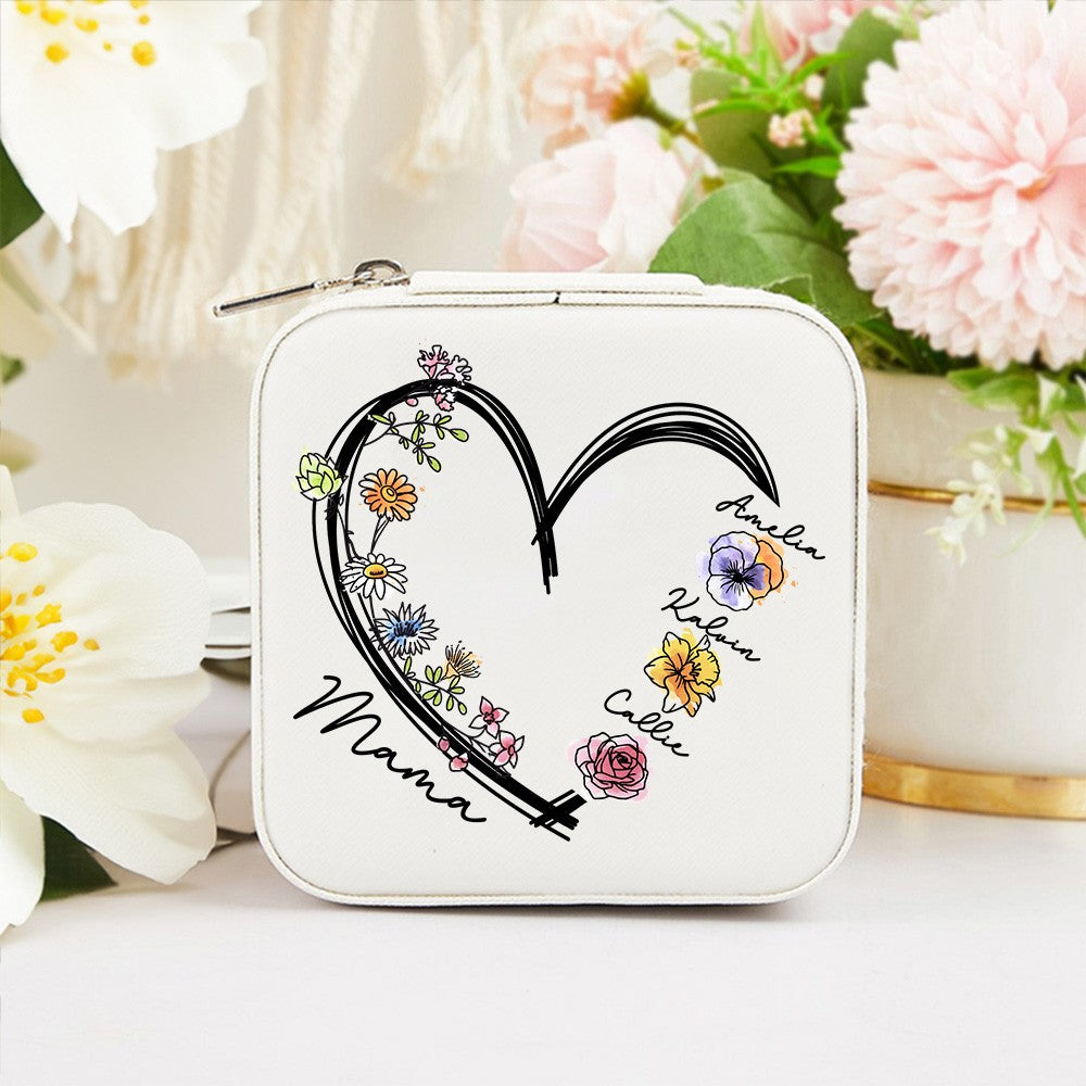 Personalized 1-6 Names & Birth Flowers Design Jewelry Box with Heart, PU Leather Jewelry Storage Box, Birthday/Christmas Gift for Mom/Grandmom/Wife