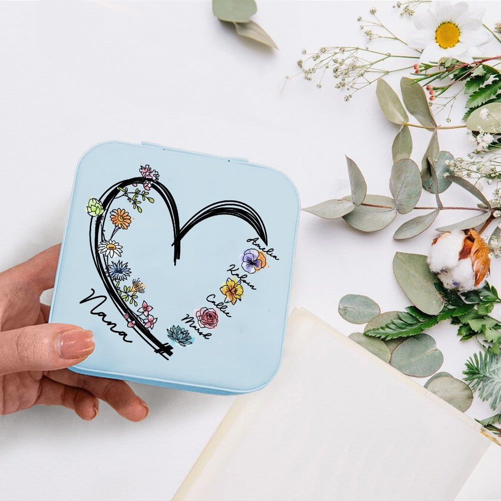 Personalized 1-6 Names & Birth Flowers Design Jewelry Box with Heart, PU Leather Jewelry Storage Box, Birthday/Christmas Gift for Mom/Grandmom/Wife