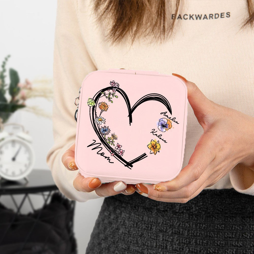 Personalized 1-6 Names & Birth Flowers Design Jewelry Box with Heart, PU Leather Jewelry Storage Box, Birthday/Christmas Gift for Mom/Grandmom/Wife