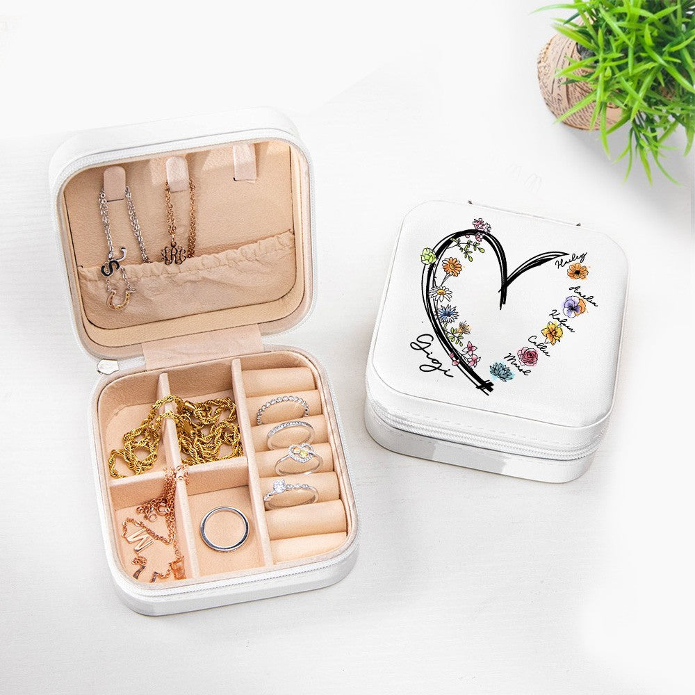 Personalized 1-6 Names & Birth Flowers Design Jewelry Box with Heart, PU Leather Jewelry Storage Box, Birthday/Christmas Gift for Mom/Grandmom/Wife