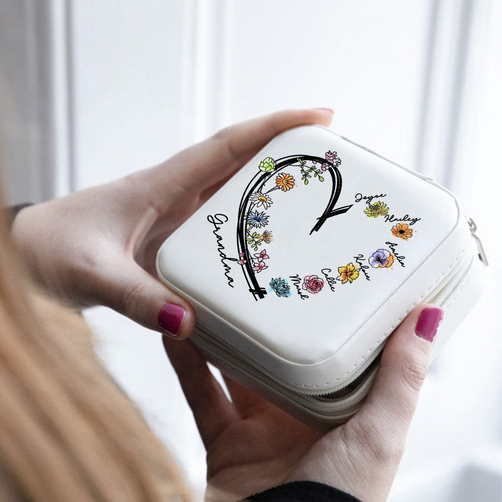 Personalized 1-6 Names & Birth Flowers Design Jewelry Box with Heart, PU Leather Jewelry Storage Box, Birthday/Christmas Gift for Mom/Grandmom/Wife