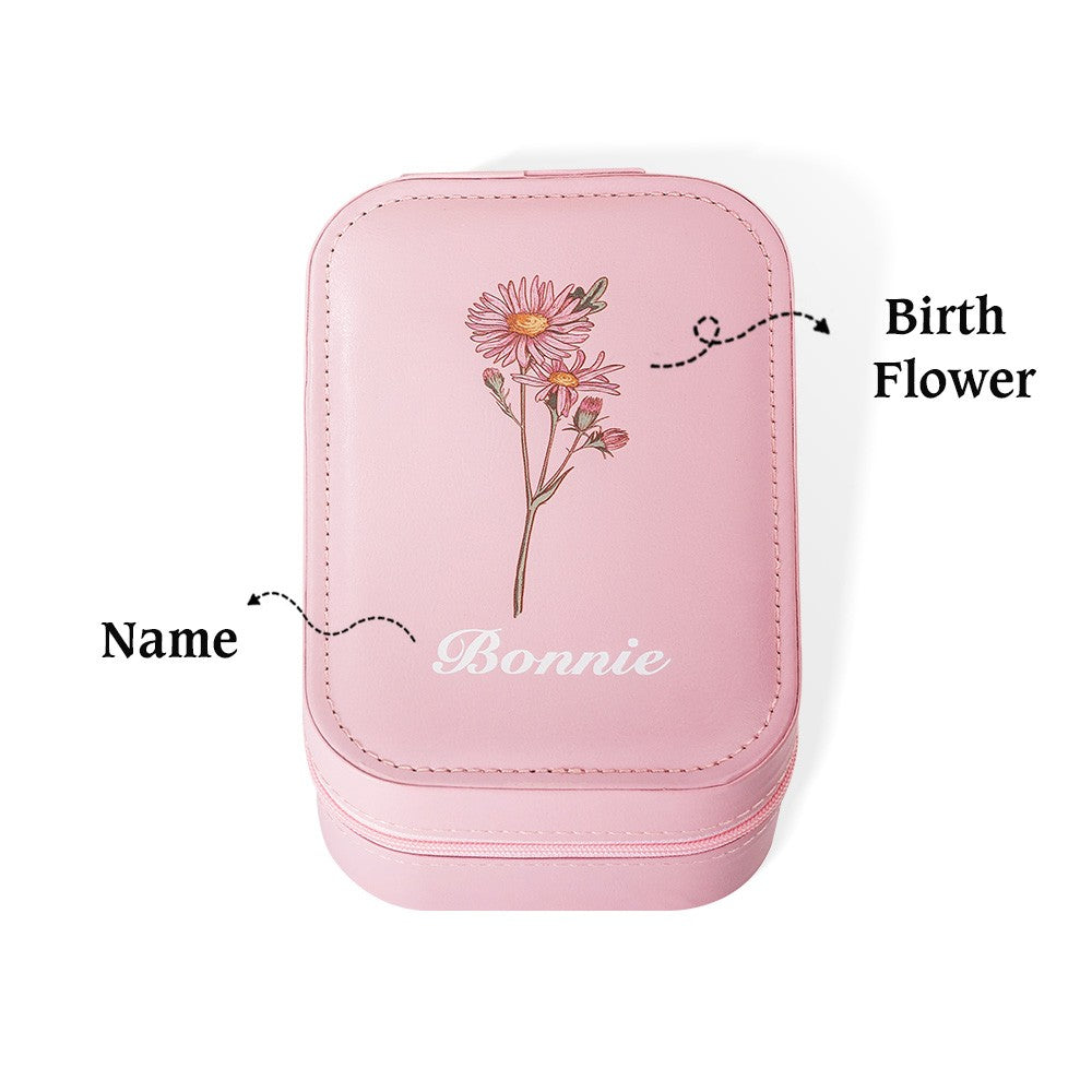 Custom Birth Flower Portable Leather Makeup Box with Name and LED Three-Color Adjustable Makeup Mirror, Travel Essential Birthday Gift for Women