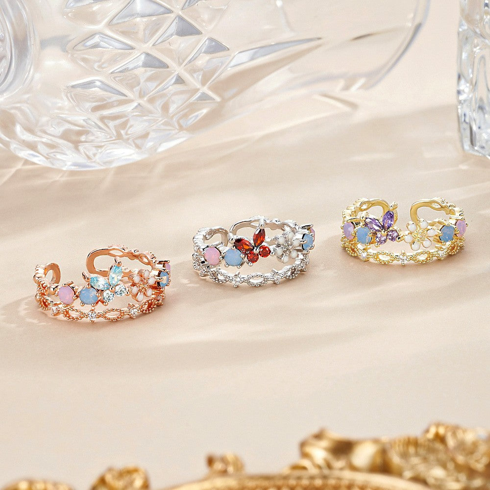 Personalized Birthstone Butterfly Floral Ring, Dainty Stackable Cluster Ring, Sterling Silver 925 Open Ring, Birthday/Mother's Day Gift for Her/Mom
