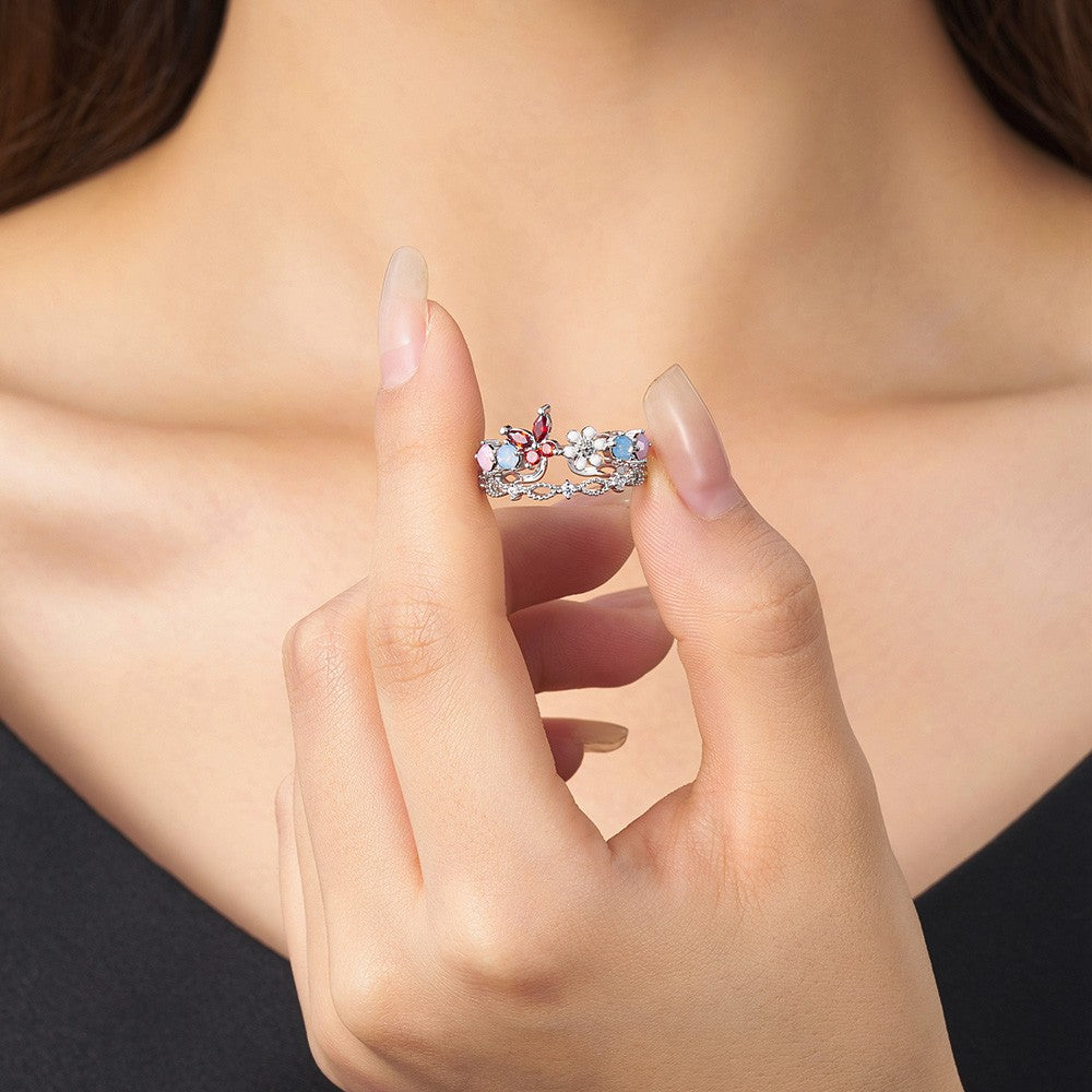 Personalized Birthstone Butterfly Floral Ring, Dainty Stackable Cluster Ring, Sterling Silver 925 Open Ring, Birthday/Mother's Day Gift for Her/Mom