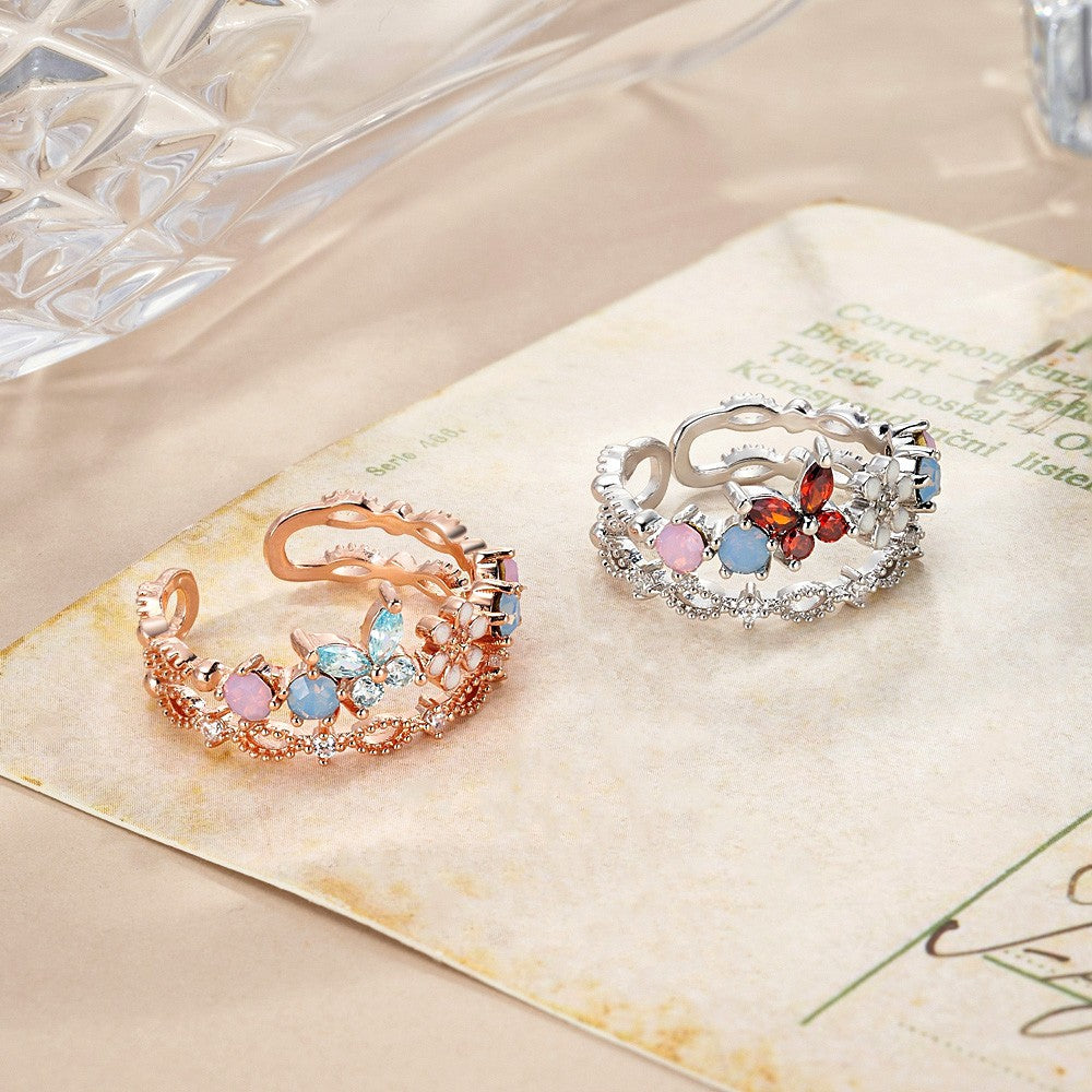 Personalized Birthstone Butterfly Floral Ring, Dainty Stackable Cluster Ring, Sterling Silver 925 Open Ring, Birthday/Mother's Day Gift for Her/Mom