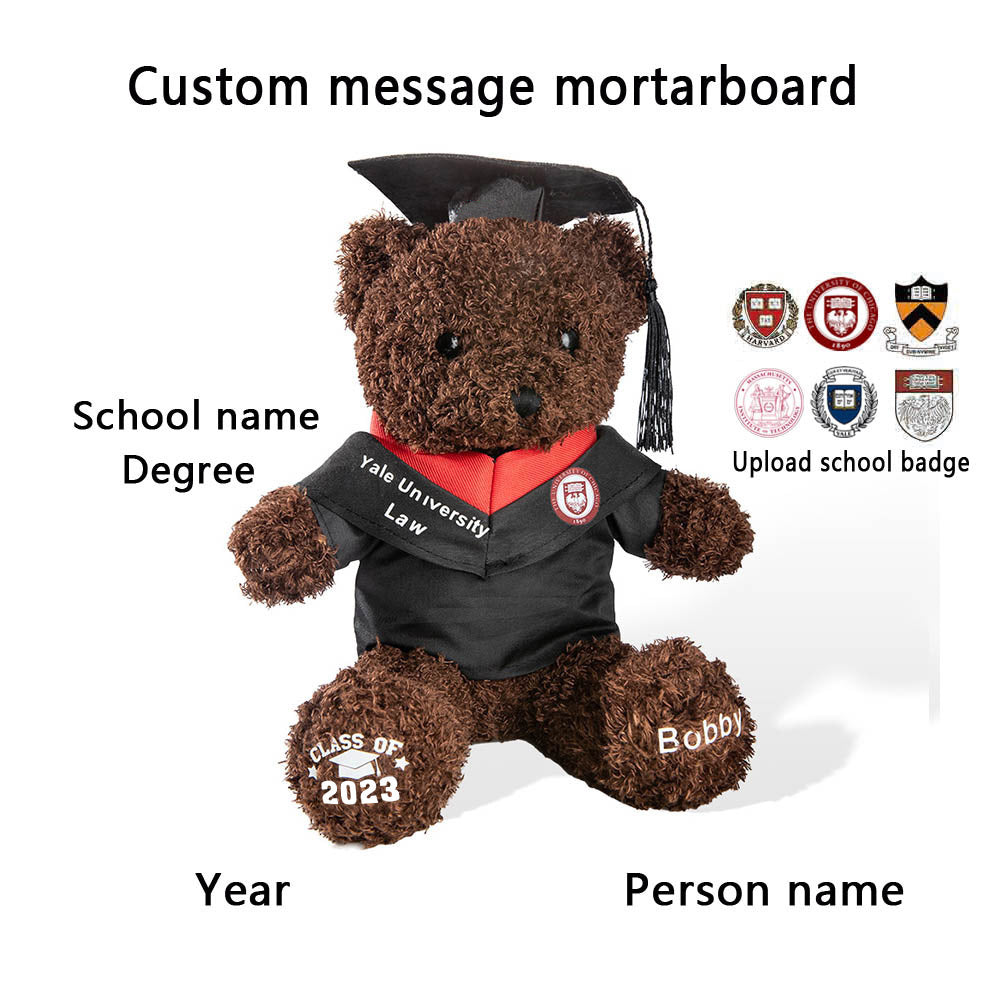 Custom Name Graduation Teddy Bear with School Badge, Plush Teddy Bear with Mortarboard, Graduation Gifts for Friends/Students/Kindergarten