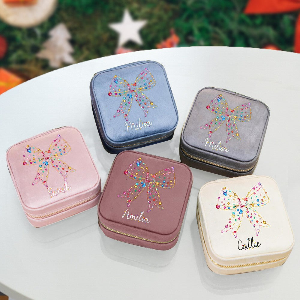 Personalized Christmas Light Coquette Bow Design Jewelry Box with Name, Velvet Travel Jewelry Case with Zipper, Christmas Gift for Mom/Grandma/Her