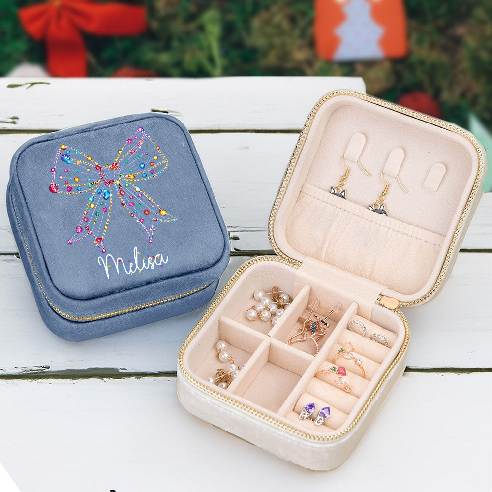 Personalized Christmas Light Coquette Bow Design Jewelry Box with Name, Velvet Travel Jewelry Case with Zipper, Christmas Gift for Mom/Grandma/Her