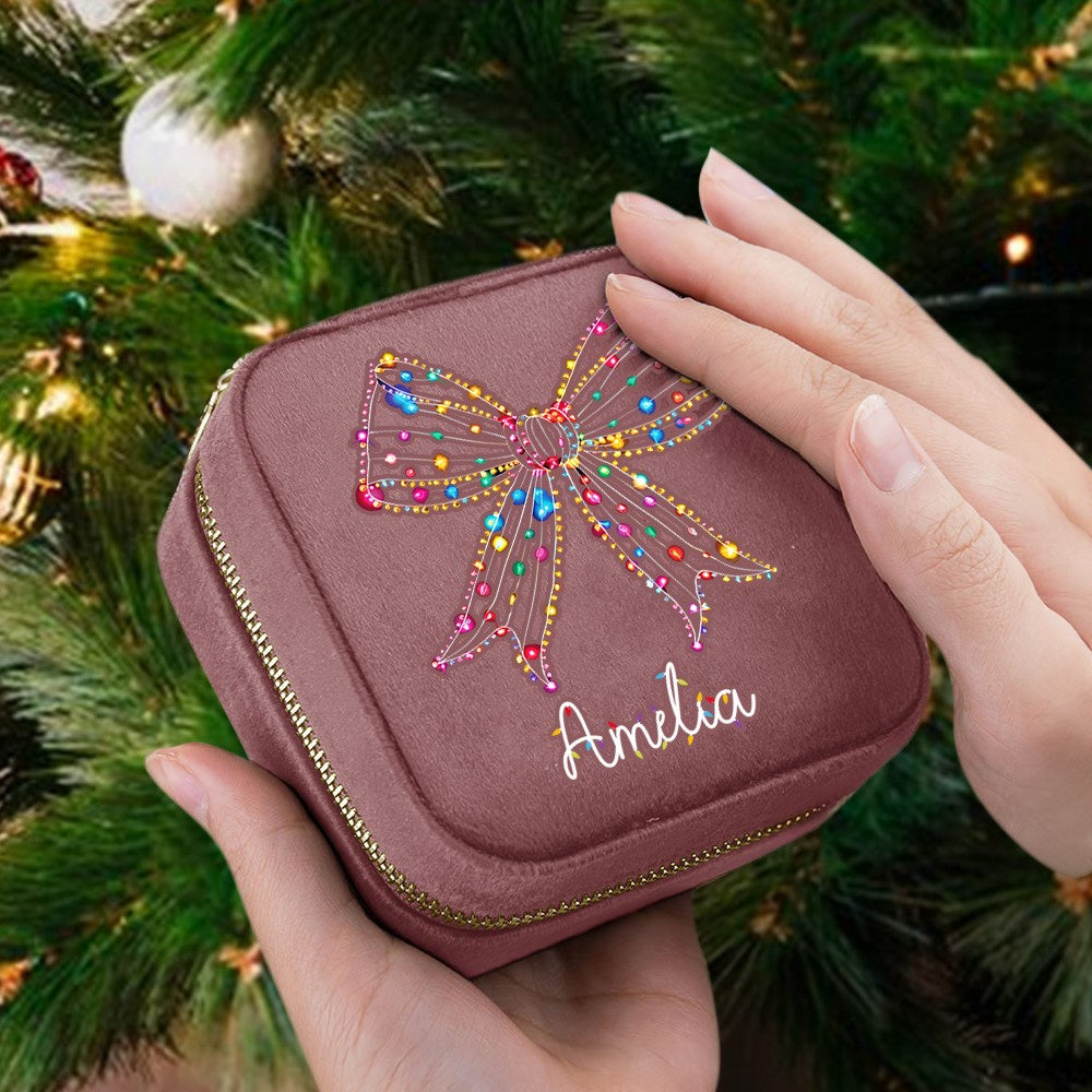 Personalized Christmas Light Coquette Bow Design Jewelry Box with Name, Velvet Travel Jewelry Case with Zipper, Christmas Gift for Mom/Grandma/Her