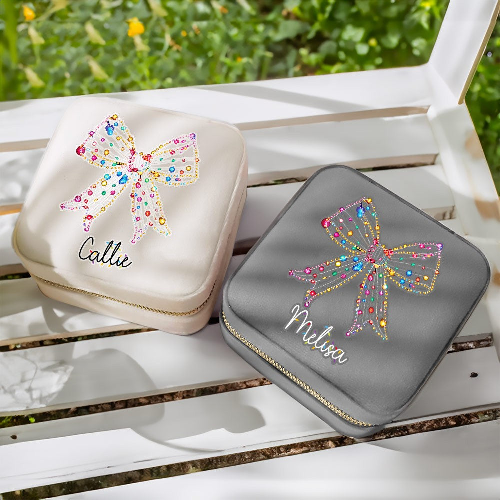 Personalized Christmas Light Coquette Bow Design Jewelry Box with Name, Velvet Travel Jewelry Case with Zipper, Christmas Gift for Mom/Grandma/Her