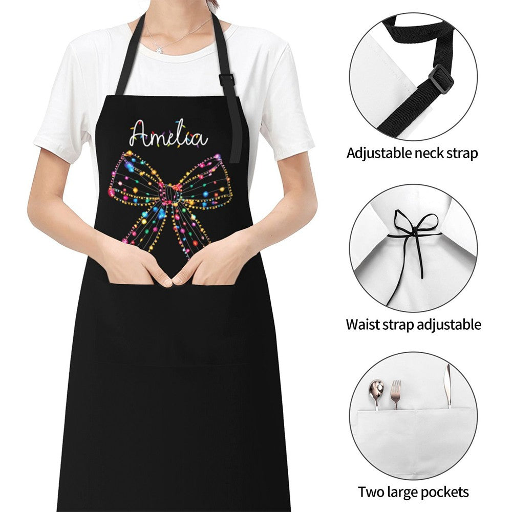 Custom Name Christmas Light Coquette Bow Apron, Kitchen Apron with Pocket & Adjustable Strap, Kitchen Accessory, Christmas Gift for Mother/Grandma/Her