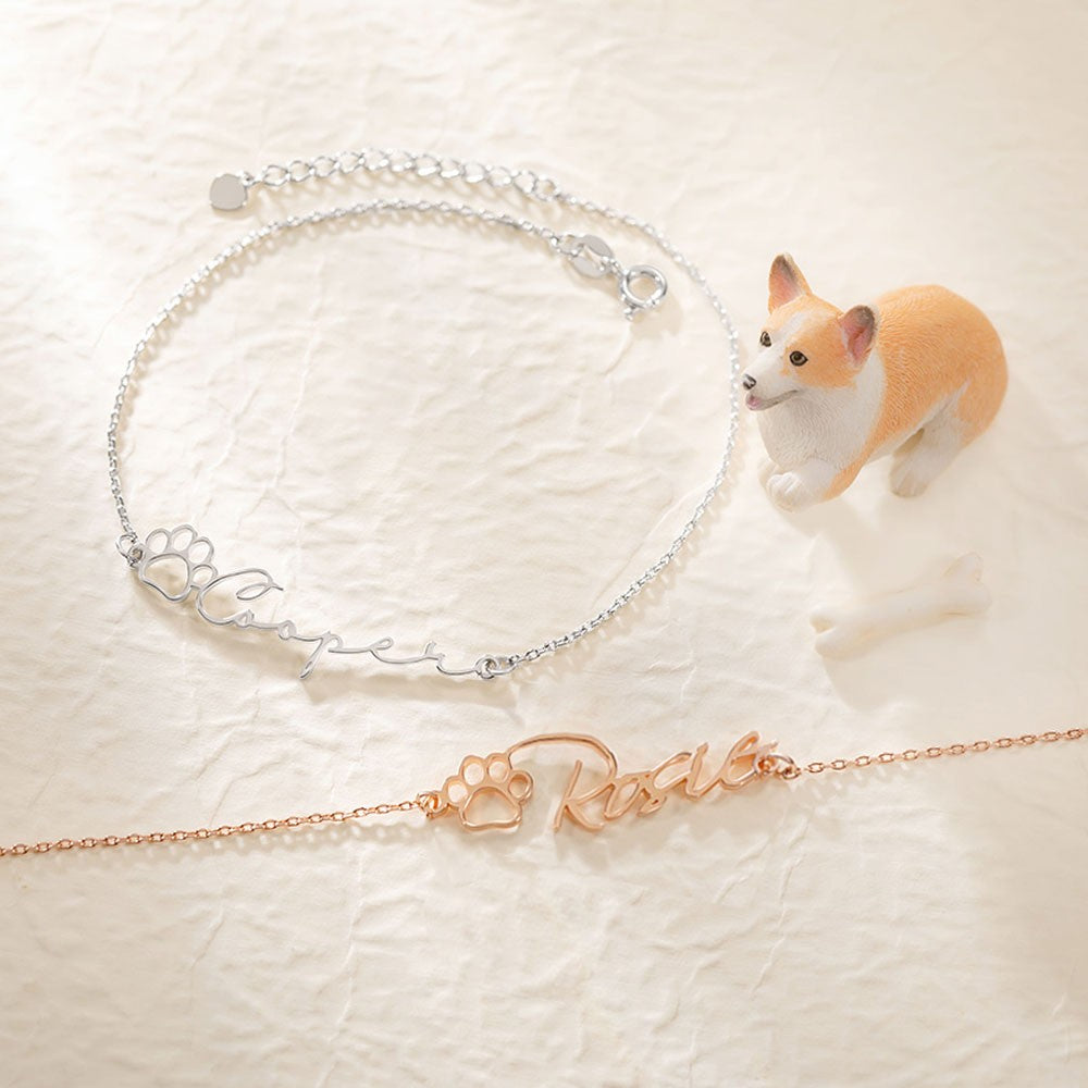 Personalized Name Pet Paw Bracelet, Pet Name Bracelet with Paw, Sterling Silver 925 Pet Memorial Jewelry, Pet Loss Gift, Gift for Pet Lovers/Owners