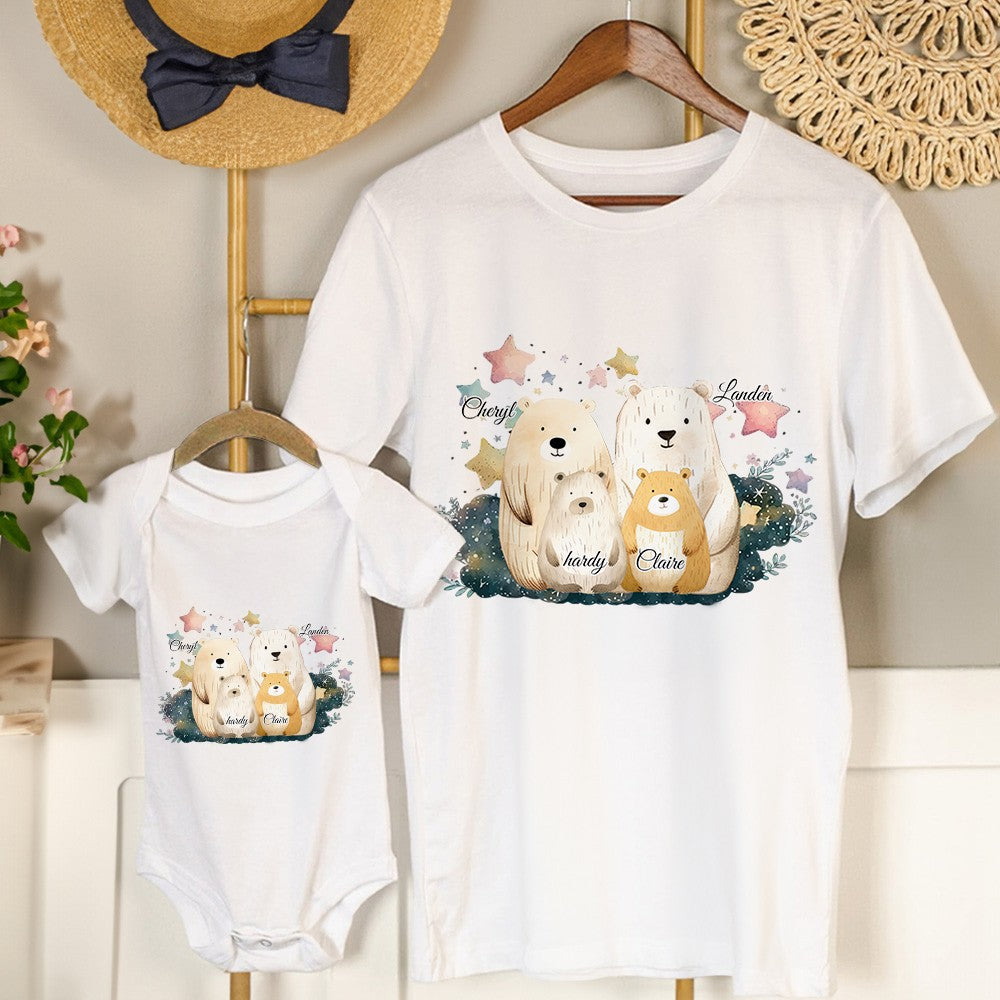 Custom Name Family Bears Pattern Mom and Baby Set, 100% Cotton Mom T-Shirt & Baby Bodysuit, Baby Shower Gift/Christmas for Newborn/Infants/New Moms