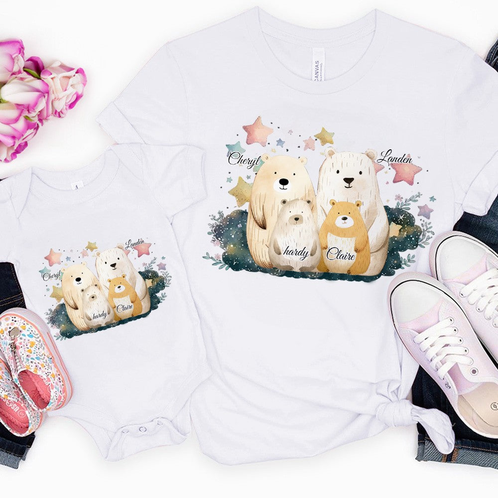 Custom Name Family Bears Pattern Mom and Baby Set, 100% Cotton Mom T-Shirt & Baby Bodysuit, Baby Shower Gift/Christmas for Newborn/Infants/New Moms
