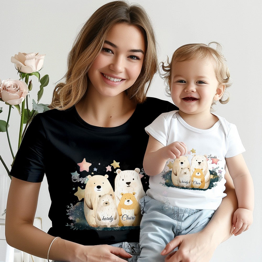 Custom Name Family Bears Pattern Mom and Baby Set, 100% Cotton Mom T-Shirt & Baby Bodysuit, Baby Shower Gift/Christmas for Newborn/Infants/New Moms