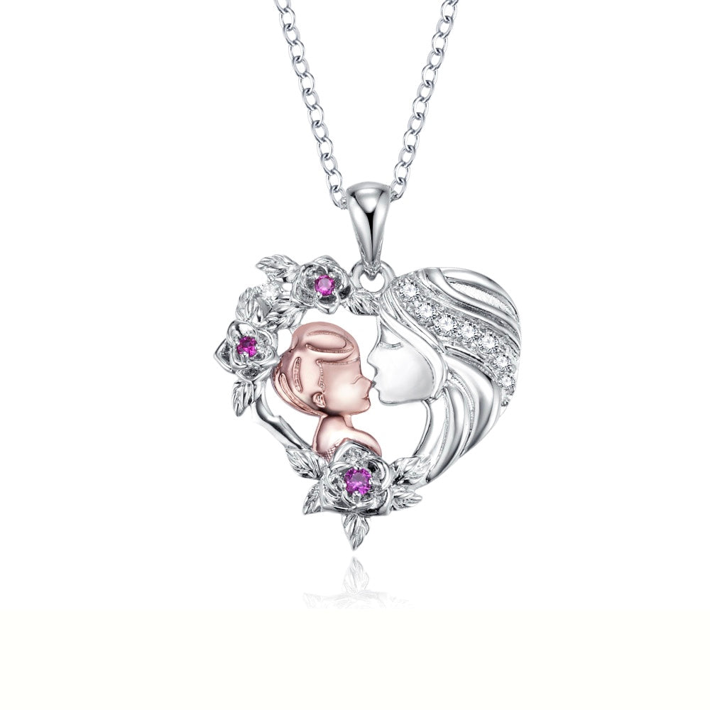 Personalized Birthstone Mother and Son Rose Heart Necklace, Sterling Silver 925 Flower Heart Pendant Necklace, Baby Shower/Mother's Day Gift for Mom