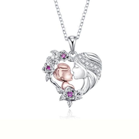 Personalized Birthstone Mother and Son Rose Heart Necklace, Sterling Silver 925 Flower Heart Pendant Necklace, Baby Shower/Mother's Day Gift for Mom